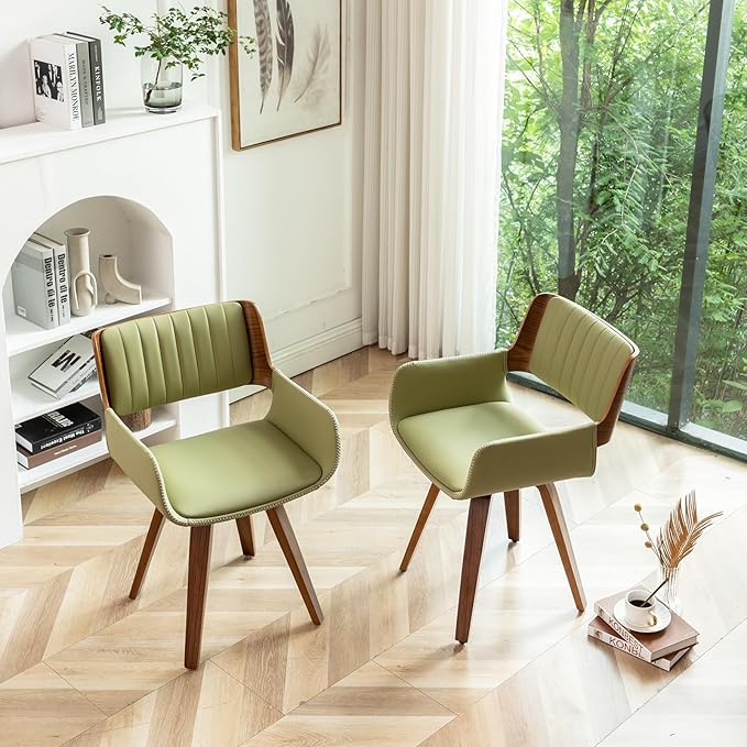 LUNLING Mid Century Modern Dining Chairs Set of 2,Swivel Accent Faux Leather Desk Chairs, with Wooden Legs/Armrest/Upholstered Seat/Adjustable Foots for Kitchen Dining Room Desk Chairs(Green)