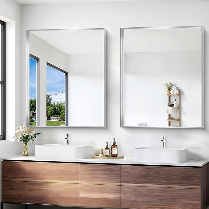 Silver Bathroom Mirror, 30x36 Inch Rectangular Framed Mirror, Large Wall Mounted Bathroom Vanity Mirror Over Sink for Bedroom,Restroom, Living Room, Hangs Vertically or Horizontally