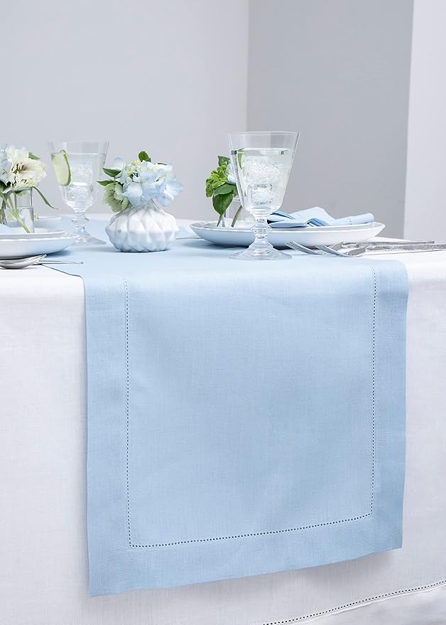 Solino Home Linen Sky Blue Table Runner 48 Inches - Classic Hemstitch, 100% Pure Linen Coffee Table Runner 14 x 48 Inch Ideal for Dresser Tables - Holiday
