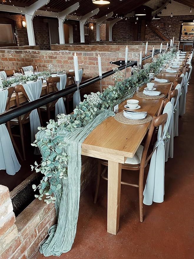8 Pack 10 Ft Sage Green Cheesecloth Table Runner 35 x 120 Inch Gauze Rustic Christmas Table Runner, Romantic Sheer Boho Cheese Cloth Table Runners for Wedding Bridal Shower Party Decoration ﻿