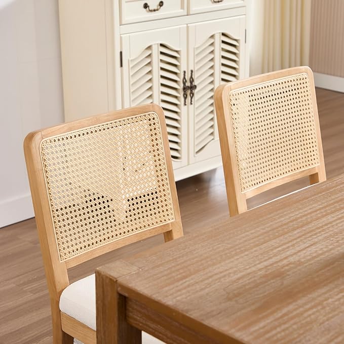 LukeAlon Farmhouse Rattan Dining Chairs Set of 6, Mid Century Modern Chenille Kitchen & Dining Chairs with Solid Wood Legs, Woven Cane Upholstered Kitchen Chairs Side Chairs for Dining Room, White