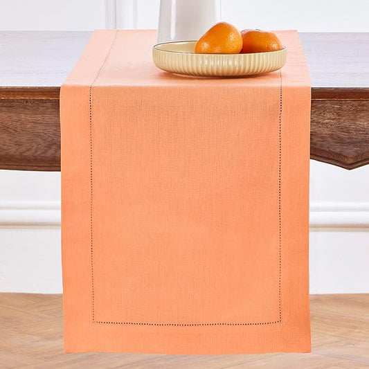 Solino Home Linen Coral Table Runner 144 Inches Long - 100% Pure Linen Extra Long Table Runner 14 x 144 Inch - Classic Hemstitch