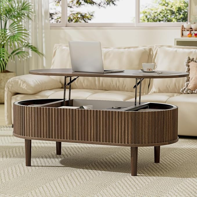 EAG Fluted Lift Top Coffee Table with Hidden Compartment, 39 Inch Modern Oval Coffee Table with 3 Storage, Fully Wooden Assembled Center Table for Living Room, Office, Walnut