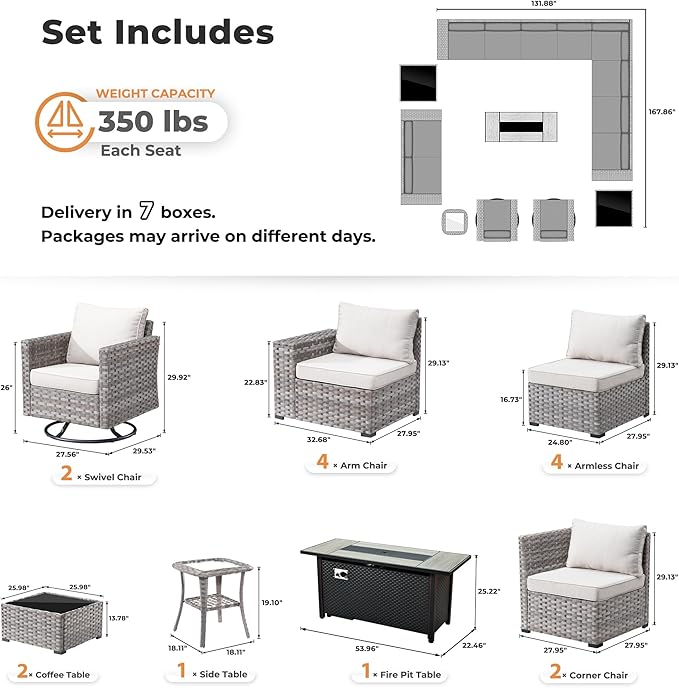 ovios 16 Pieces Patio Furniture Set, Outdoor Wicker Sectional Sofa with 54" Fire Pit Table Swivel Chairs, Modern Modular Deep Seat Rattan Couch Conversation Sets, Beige