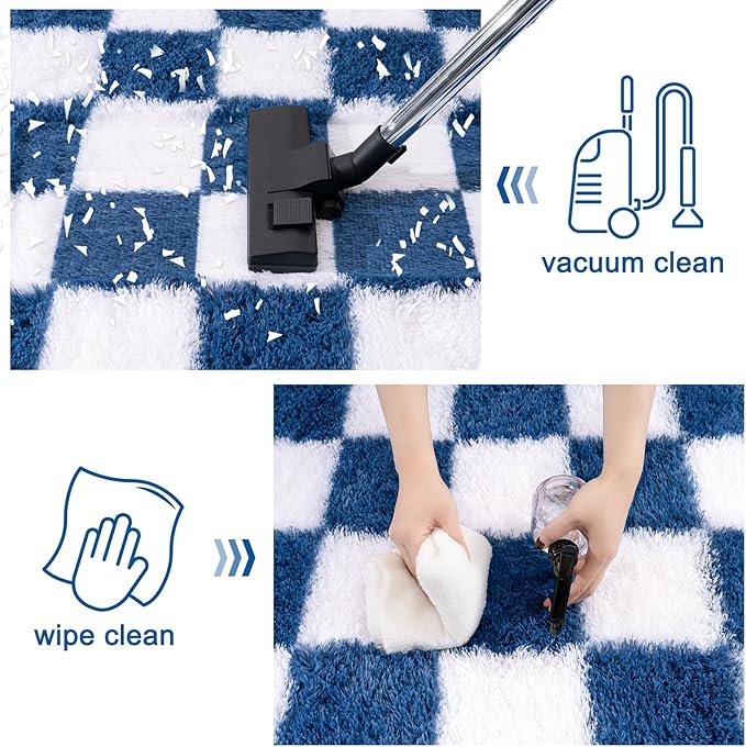 Checkered Rug for Living Room 8x10, Ultra Fluffy Fuzzy Shag Large Area Rug for Bedroom, Modern Plush Soft Upgrade Non-Slip Carpet for Kids Girls and Boys Room Dorm Home Decor, Navy and White