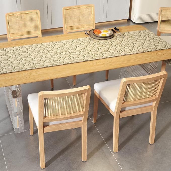 LukeAlon Farmhouse Rattan Dining Chairs Set of 2, Mid Century Modern Chenille Kitchen & Dining Chairs with Solid Wood Legs, Woven Cane Upholstered Kitchen Chairs Side Chairs for Dining Room, White