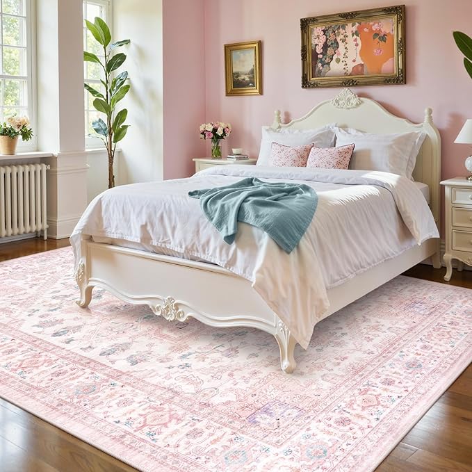 LIVEBOX Pink Washable Area Rug 8x10 - Large Vintage Tribal Living Room Rug Oriental for Bedroom, Non-Slip Retro Medallion Carpet Print Distressed for Dining Room Nursery Dorm Home Decor
