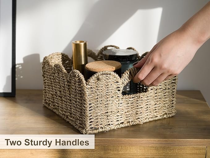 StorageWorks Scalloped Wicker Basket, Hand-woven Rattan Baskets with Built-in Handles, Seagrass Basket for Organizing and Decor, 2 Pack