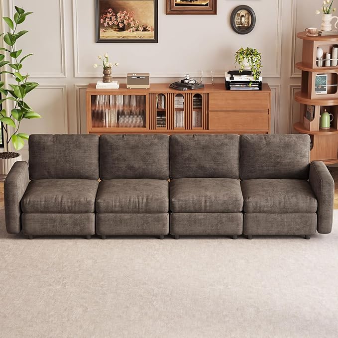 4-Seat Modular Sofa Couch with Ergonomic Cushions, Convertible Sleeper Sectional for Living Room Bedroom Apartment, Brown Cloud Futon Lounge Furniture Set for Small Spaces