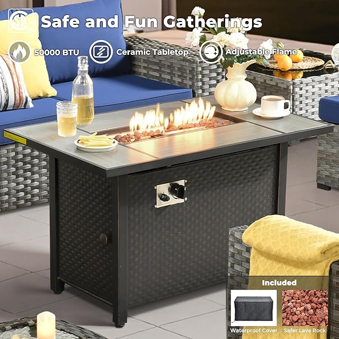 ovios 9 Pieces Patio Furniture Set, Outdoor Wicker Sectional Sofa with 42" Firepit Table Swivel Chair, Modern Modular Deep Seat Rattan Couch Conversation Sets, Navy Blue