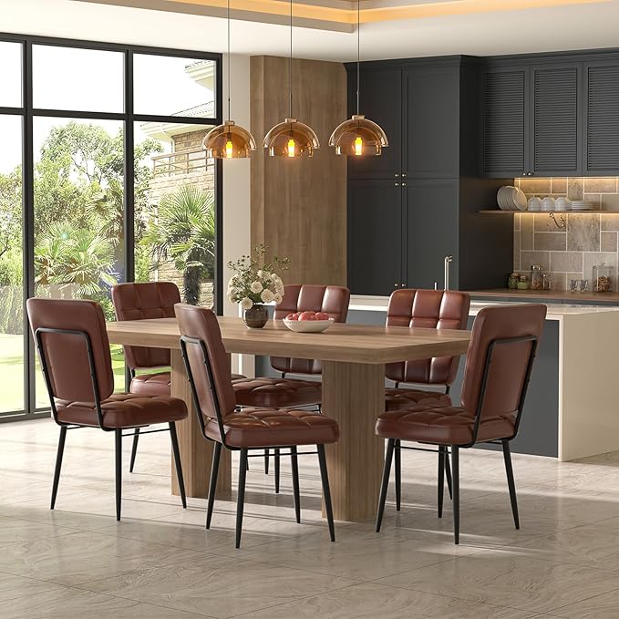Leather Dining Chairs Set of 6, Upholstered Dining Room Kitchen Chairs with Thick Cushion, High Backrest, Metal Legs, Mid Century Modern Side Chair for Home Living Room Cafe Restaurant, Brown