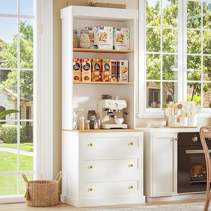 71" Tall Farmhouse Kitchen Pantry, Large Storage Cabinet with Drawers, Freestanding Coffee Bar Hutch with Microwave Stand, Adjustable Shelves for Kitchen, Living Room, White