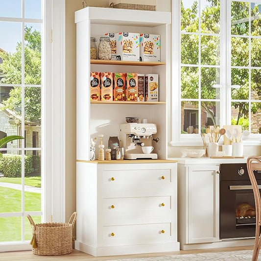 71" Tall Farmhouse Kitchen Pantry, Large Storage Cabinet with Drawers, Freestanding Coffee Bar Hutch with Microwave Stand, Adjustable Shelves for Kitchen, Living Room, White