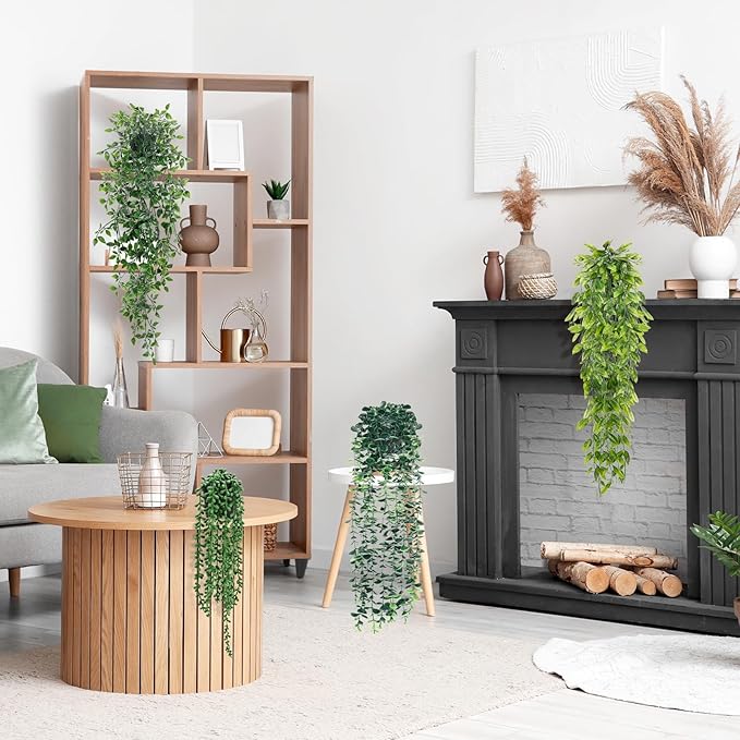 Artificial Hanging Plants for Shelf, 4-Pack Fake Potted Greenery Faux Plant in Pot for Vintage Farmhouse Bathroom Office Desk Wall Bookshelf Room Accessories Décor