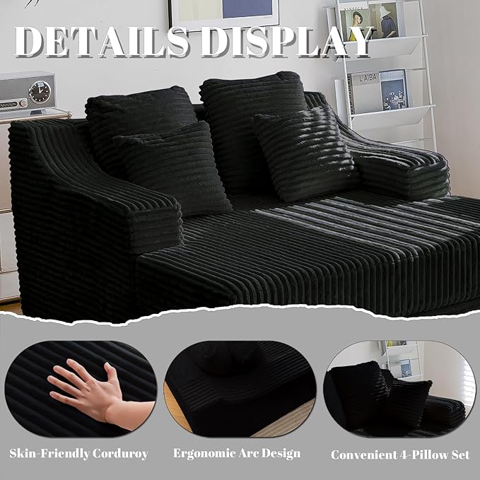 Chaise Lounge Sofa Chair Indoor Cozy Sofa Bed Oversized with Four Pillow Fluffy Upholstered Sleeper Sofa Chair for Living Room Bedroom Office Liesure No Assembly Required（Black）