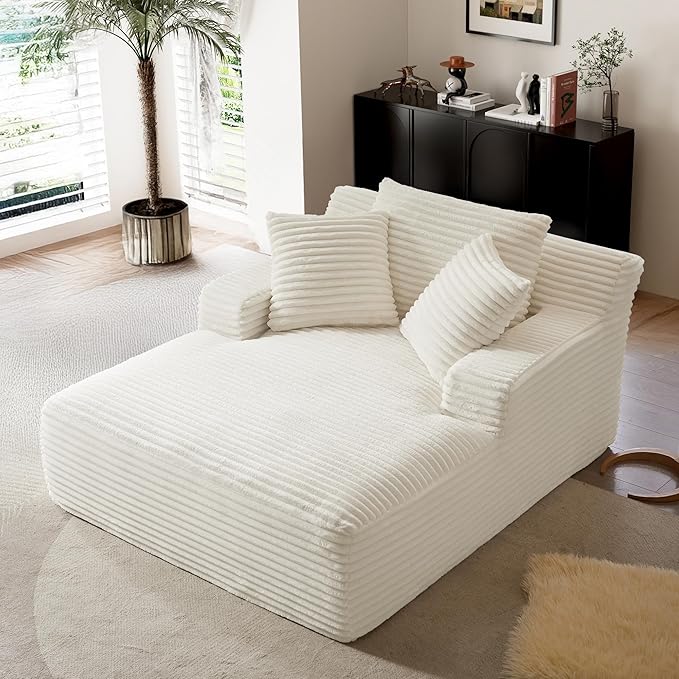 Boneless Couch Sofa Chiar Chaise Lounge Chair Indoor Upholstered Corduroy Couch Cloud Sleeper Sofa Oversized Reading Chair for Living Room No Assembly Required (White, 50" W x 67" D)