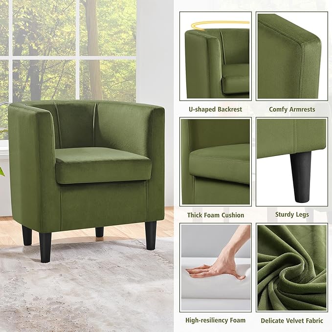 Yaheetech Velvet Accent Chair, Modern and Comfortable Armchairs, Upholstered Barrel Sofa Chair for Living Room Bedroom Waiting Room, Olive Green, 2pcs