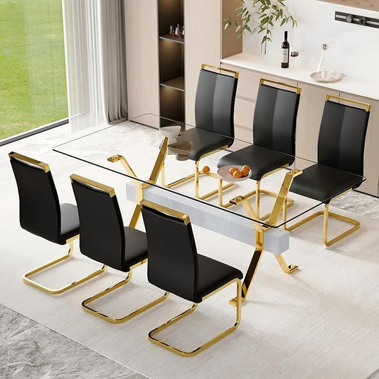 7 Piece Glass Dining Table Set, 79" Modern Dining Table Set for 6, 0.5" Thick Tempered Glass Tabletop with Silver Chrome Metal Legs and Grey Crossbar, 6 PU Chairs for Dining Room, Kitchen