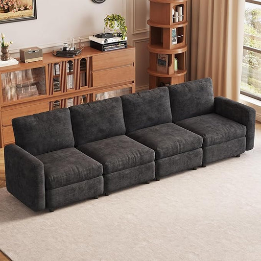 4-Seat Modular Sofa Couch Grey with Ergonomic Cushions, Convertible Sleeper Sectional for Living Room Bedroom Apartment, Cloud Futon Lounge Furniture Set for Small Spaces