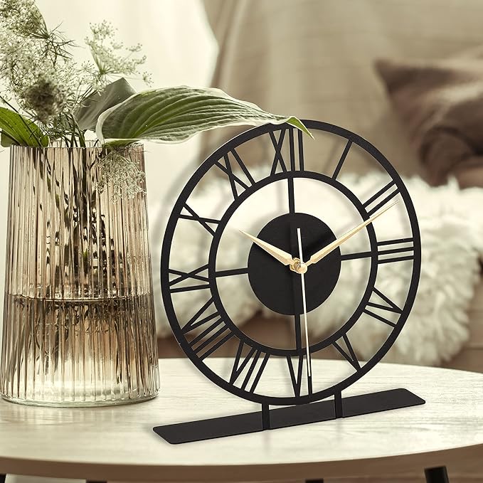 8.9x9.5 Metal Desk Clock, Black Round Silent Non-Ticking Analog Table Clock, Battery Operated, Decorative Desk and Shelf Clock, Desk Clocks for Living Room Bedroom Kitchen Office School