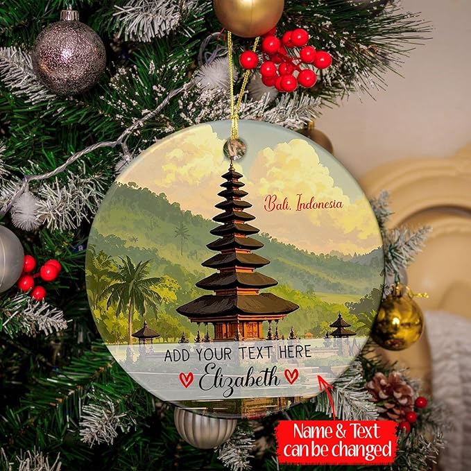 Customized Text/Name Bali Indonesia Ceramic Ornament Christmas 2025, Personalized Bali Landscape Christmas Ornament Keepsake, Ulun Danu Beratan Temple Xmas Ornaments Gifts for Travel Lover Men Women