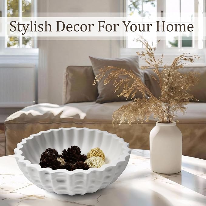 Modern Decorative Bowl, Sculptural Resin Display Bowl for Home Decor, Large Centerpiece for Kitchen Counter or Entry Table, Key Bowl or Fruit Bowl, White