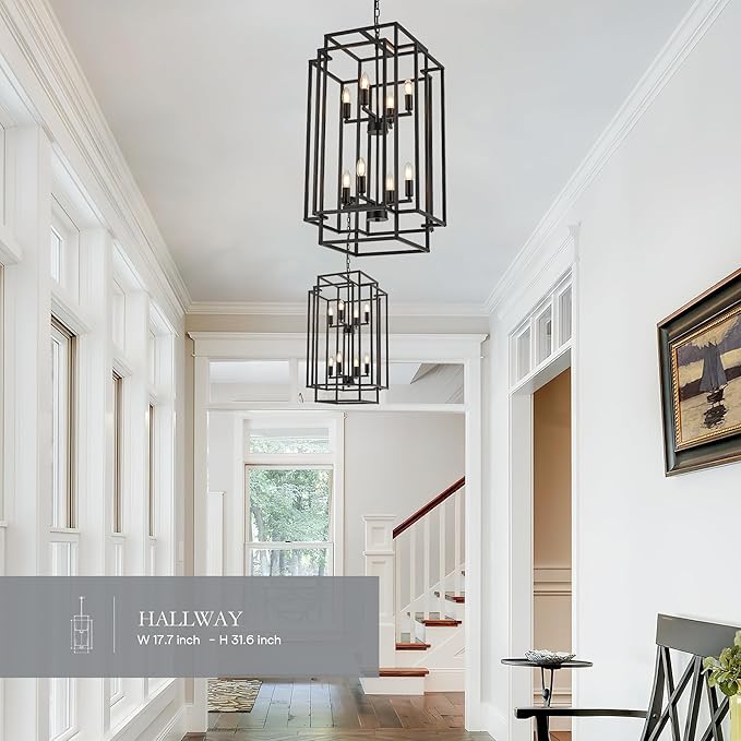 8-Light Lantern Tiered Pendant Light Fixtures, Black Metal Farmhouse Chandelier Hall Foyer Hanging Chandelier for Kitchen Island Dining Room Living Room Foyer Entryway, Black