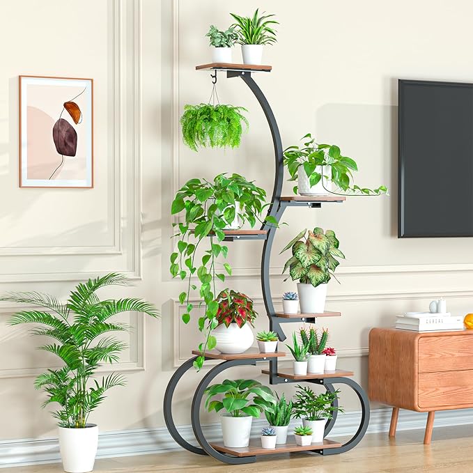 Acnusik Plant Stand Indoor with Grow Lights, 63" Tall Lighted Indoor Plant Shelf for Multiple Plants, 7-Tier Metal Plant Rack Corner Indoor Flower Stand Display for Living Room, Home, Patio, Balcony