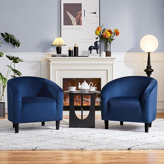 Yaheetech Velvet Accent Chair Set of 2, Barrel Chair for Living Room, Modern Club Chair with Soft Padded Seat and Sturdy Legs for Bedroom Waiting Room Office Reception Room, Navy Blue