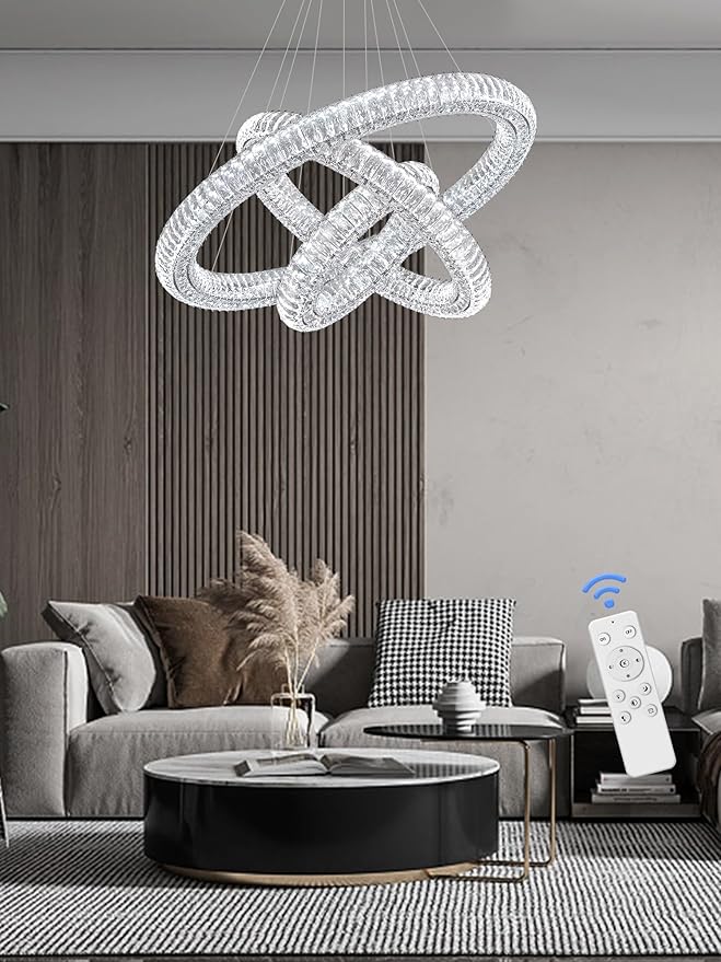 3 Rings Silver Crystal Chandeliers for Living Room High Ceiling Chandeliers for Foyer LED Dimmable3000-6000K D32''+D24''+D16''
