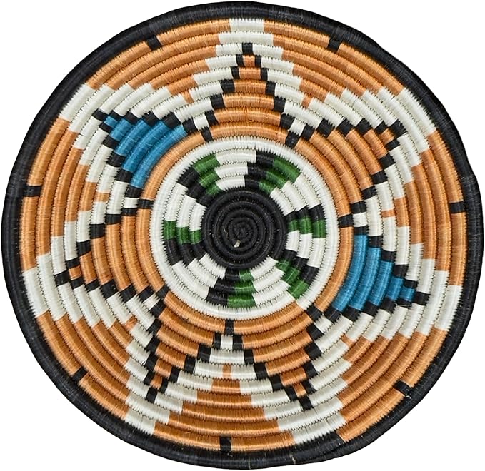 Handwoven African Basket Handmade sisal Fruit Bowl Wall Hanging decorative Baskets for Home Living Room Kitchen Centerpiece Zen Designs Arts and Crafts (Rust Orange Blue Black, 10in diameter)