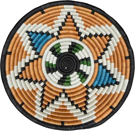 Handwoven African Basket Handmade sisal Fruit Bowl Wall Hanging decorative Baskets for Home Living Room Kitchen Centerpiece Zen Designs Arts and Crafts (Rust Orange Blue Black, 8in diameter)