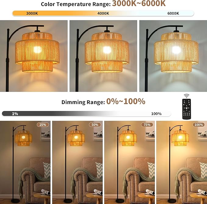 Rattan Floor Lamp for Living Room Bedroom Boho Arc Standing Lamp with Remote Dimmable Black Farmhouse Wicker Bamboo Lamp Shade Floor Light Tall Lamp Industrial Floor Lamps Bohemian Decor