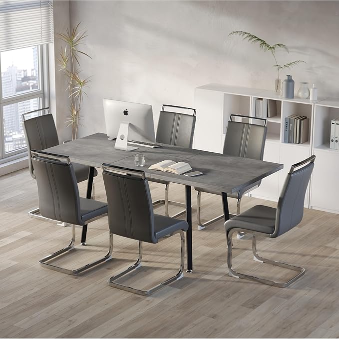 7 Piece Dining Table Set for 6-8,55-71" Extendable Dining Table Set with 6 Upholstered Chairs,Rectangle Kitchen Table Set for Small Space,Dining Room and Office,Grey