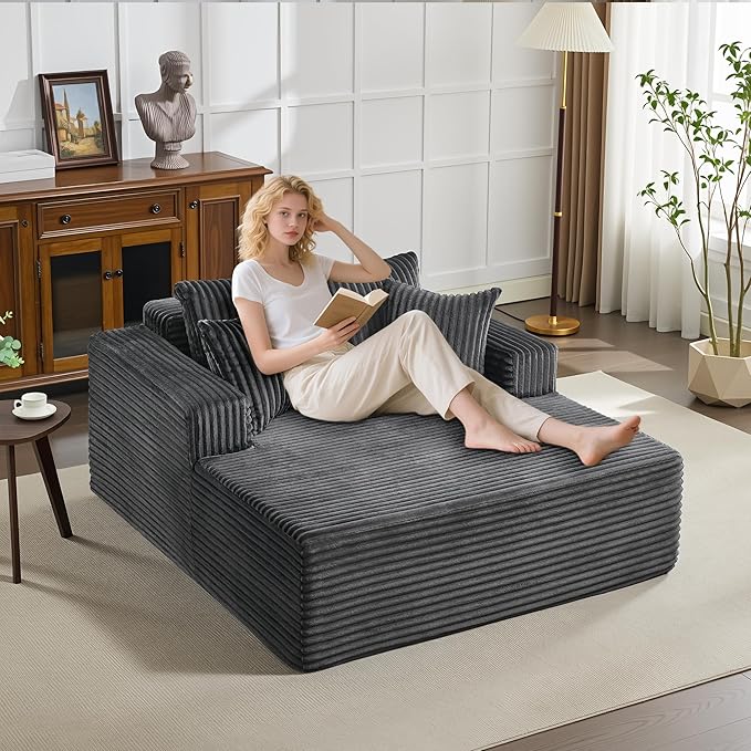 54.3"W Oversized Chaise Lounge Chair Indoor, Boneless Corduroy Sleeper Sofa Bed with 4 Pillows, Armrests, Comfy Fluffy Reading Couch, No Assembly Required Cloud Sofa for Living Room, Bedroom, Office