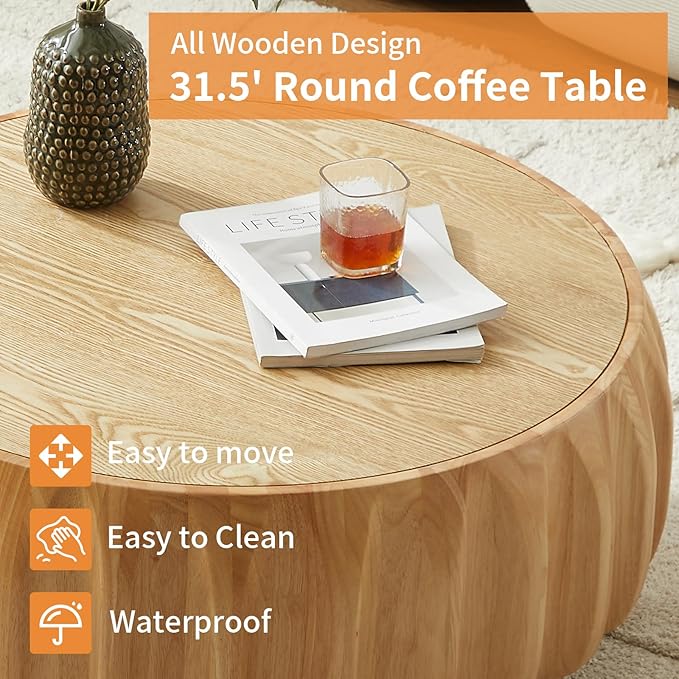 31.5" Round Coffee Table Drum Table Contemporary Wood Fluted Centry Table with Solid Wood Veneer for Living Room (Natural)