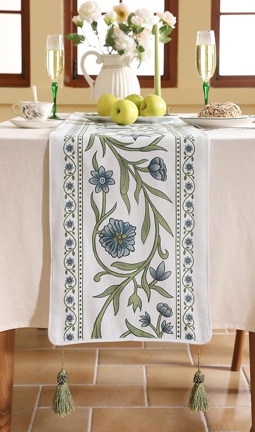 ISAENNE Designer Elegant Linen Table Runner 102 Inches Long,Vintage Blue Floral Pattern Decor Table Runners for Dining Tables,Kitchen Tables,Thanksgiving,Christmas,Banquet,12"*102"-Mosella E