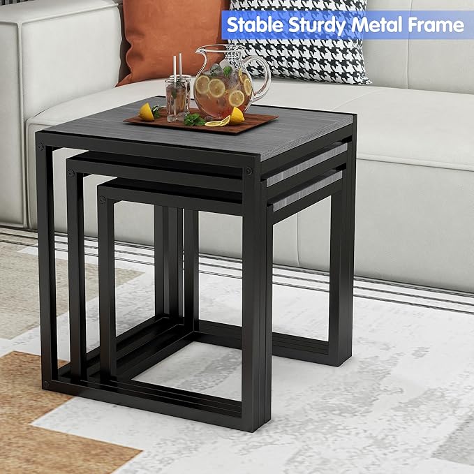 Nesting Table Set of 3 Side Tables, Modern Coffee Table Stacking End Table with Metal Frame (A-Square, Grey)