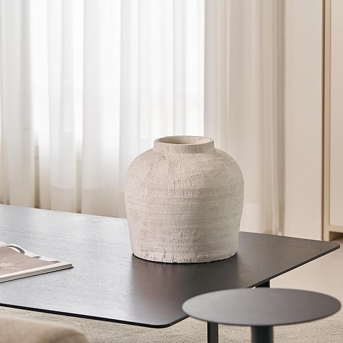 LB2 Large White Ceramic Vase, 11" Tall Zen Style vase, Terra Cotta Pitcher Vase, Distressed Farmhouse Decor, Pottery Decorative Flower for Home Decor (H 11" X 11")