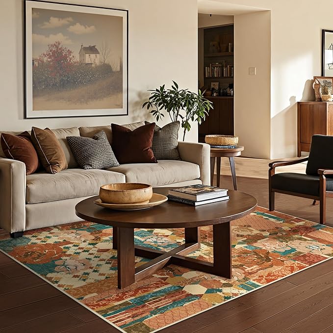 GENIMO 5X7 Floral Area Rugs for Living Room, Machine Washable Non Slip Vintage Patchwork Washable Rug, Ultra-Thin Low Pile Chenille Rugs for Bedroom, Dining Room, Rose Red