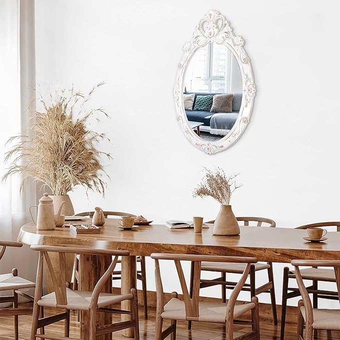 White Oval Wood Mirror for Wall Vintage Framed Hanging Bedroom Wall Mirror Rustic Bathroom Mirrors Wall Mirrors Decorative for Home Vanity Living Room Entryway 24"x16"