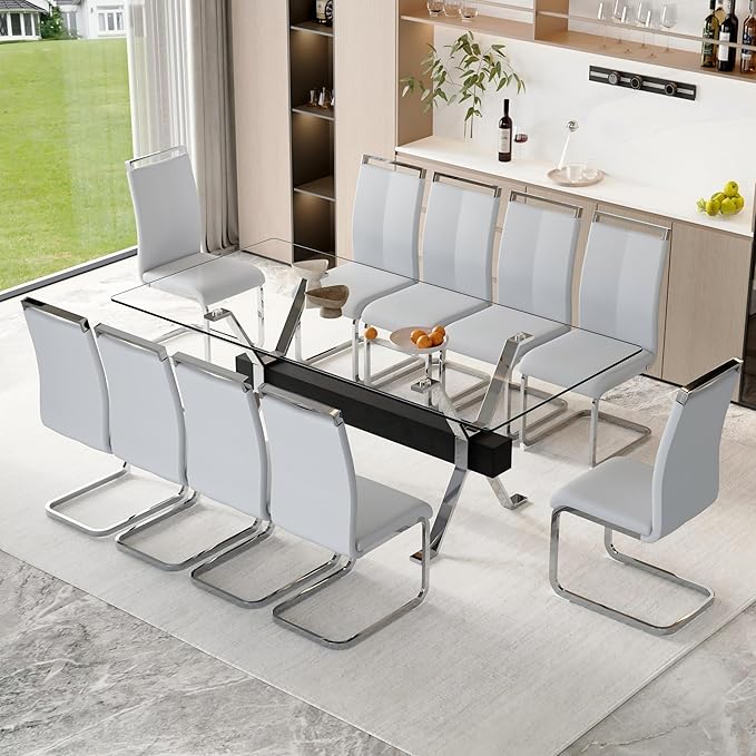 11 Piece Glass Dining Table Set, 79" Modern Dining Table Set for 10, 0.5" Thick Tempered Glass Tabletop with Silver Chrome Metal Legs and Black Crossbar, 10 PU Chairs for Dining Room, Kitchen