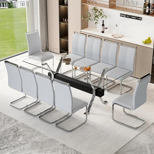 11 Piece Glass Dining Table Set, 79" Modern Dining Table Set for 10, 0.5" Thick Tempered Glass Tabletop with Silver Chrome Metal Legs and Black Crossbar, 10 PU Chairs for Dining Room, Kitchen