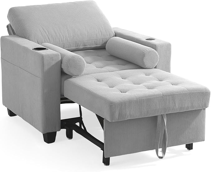 UIXE 3-in-1 Sleeper Chair Pull Out Sofa Bed, Convertible Reclining Seat Upholstered Armchair, Adjustable Backrest Recliner Chair with Side Pockets, Cup Holder & USB Ports - Light Gray