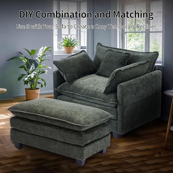 SweetGO corporation 40" Chenille Lounge Chair for Reading, Modern Couch Cozy Sofa Bed, Upholstered Living Room Single Sofa Accent Chair with Ottoman Set of 2, Green