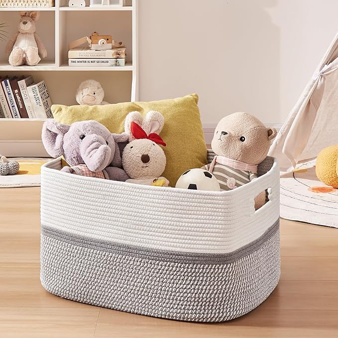 OIAHOMY Extr Large Toy Storage Basket, Rectangle Cotton Rope Storage Basket, Blanket Basket Living Room, Woven Baskets for Organizing, 25 x 16 x 16 Inches-Grey/White