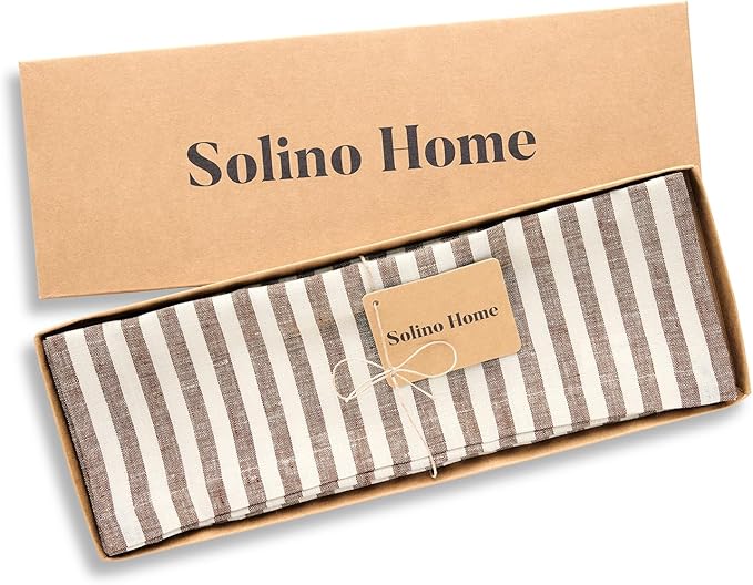 Solino Home Linen Cloth Placemats Set of 4 - Amalfi Stripe 100% Pure Linen Brown and Cream Farmhouse Placemats 14 x 19 Inch for Fall, Autumn, Thanksgiving