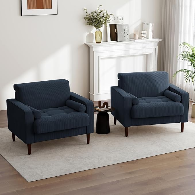 UIXE Accent Chair, Corduroy Upholstered Arm Chairs for Living Room, Comfy Armchair Mid-Century Track Armrest Single Sofa Bedroom Reading Seat with 2 Bolster Pillows - Navy Blue, Set of 2