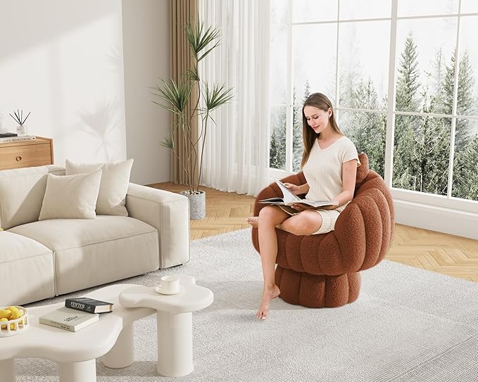 Mid Century Modern 360 Degree Barrel Swivel Accent Sofa Chair,Fluffy Sherpa Fabric Lounge Wide Upholstered Pumpkin Reading Chair, Round Cloud Armchair for Living Room,Bedroom,Vanity(Burnt Orange)