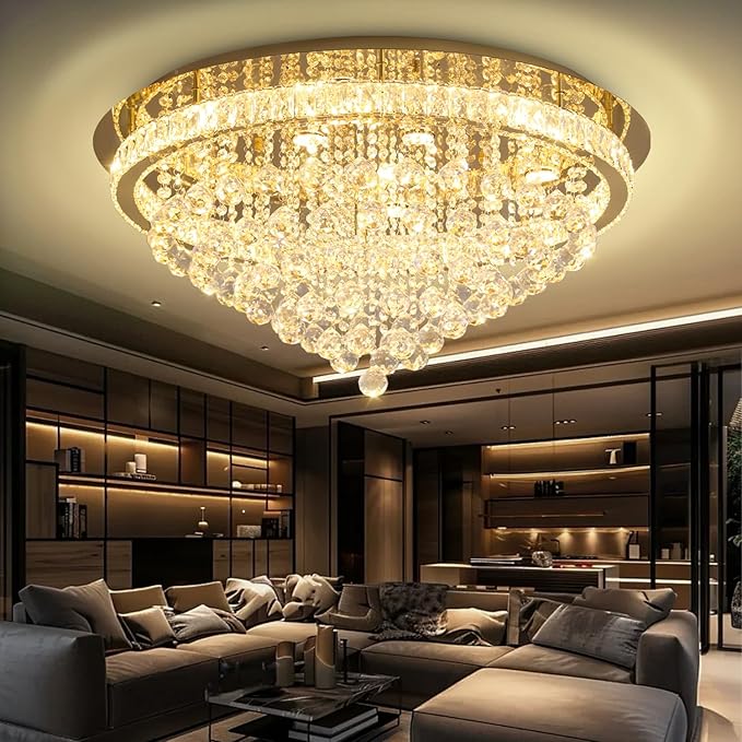 Dia 32" Modern Crystal Chandeliers for Living Room LED Dimmable Raindrop Chandelier Gold Ceiling Pendant Light with Remote Flush Mount Crystal Ceiling Light for Dining Room Bedrooms Foyer